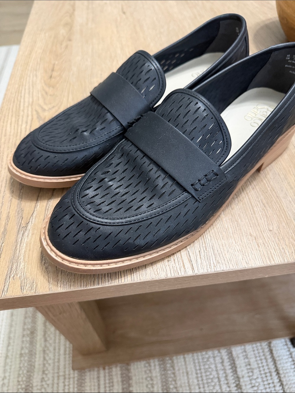 Franco Sarto Black Perforated Leather Slip-On Loafers with Tan Welt